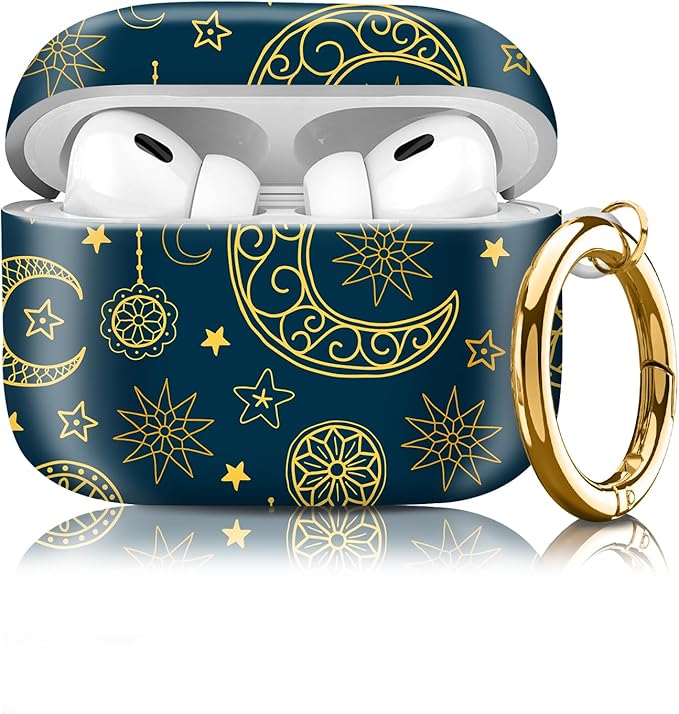 Compatible with Airpod pro 2nd/1st Generation Case Cover with Gold Round Keychain Cute Pattern Hard & Anti Slip Cover for Men Women & Girls（Abstract Moon）