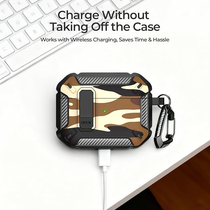 for AirPods Pro 3 Case, Secure Lock Cases Cover with Carabiner Compatible with Airpods Pro 3rd Generation Case, Full Body Shockproof Protective AirPod Case for Men Women (Camo Brown)