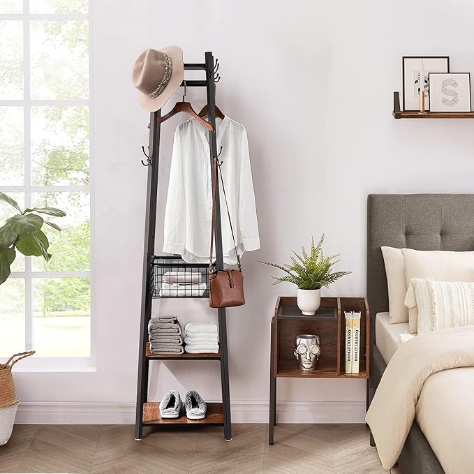 VECELO Coat Rack Freestanding,Hall Tree with Metal Basket and Storage Shelves,Industrial Coat Rack Stand with 8 Hooks for Hanging Coats/Hats/Bags/Umbrellas,18 x 18 x 72 In,Vintage Brown