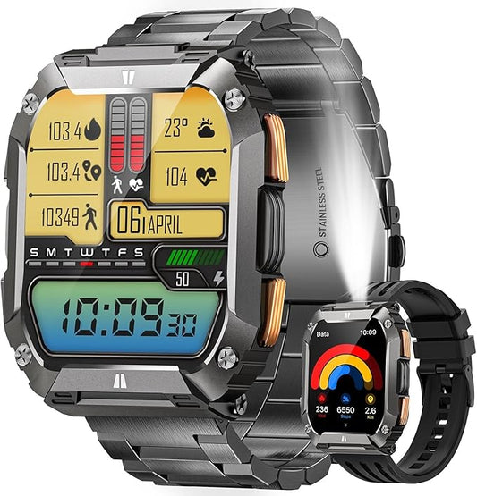 Smart Watches for Men, 1.95'' Fitness Watch: Military Smart Watch with 100 Days Battery Life/Call/Flashlight, Waterproof Sport Smartwatch for Android iPhone Sleep/SpO2/Heart Rate Monitor/Step Tracker