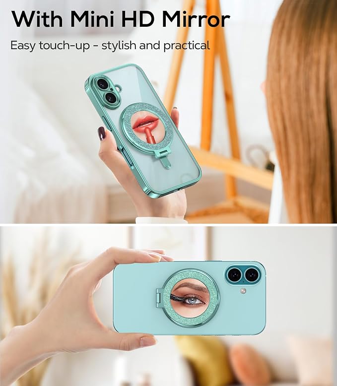 Upgraded Magnetic Phone Ring Stand Built in Mirror for Magsafe, [Electroplated & Glitter], Phone Ring Holder Grip Kickstand for iPhone 17 Pro Max 16 15 14 13 12 Series for Girl Women, Teal