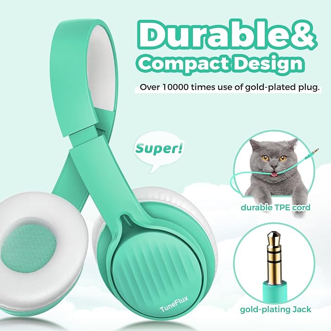 TuneFlux Upgraded Kids Headphones, Wired Toddler Headsets, 85dB Limited Volume On Ear Headphones, Portable Foldable Design, Stereo Sound Kids Headsets for School/Tablet/Travel-Green