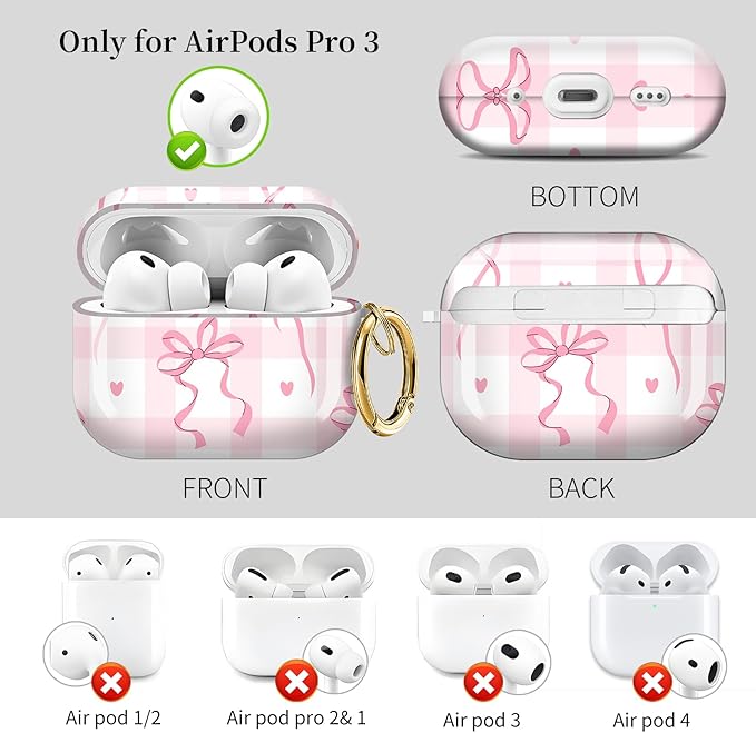 Case for AirPod Pro 3 Shock-Proof Protective Hard Case with Golden Keychain Compatible with Apple Airpods Pro 3rd Generation 2025 (Pink Ribbon Checkered)