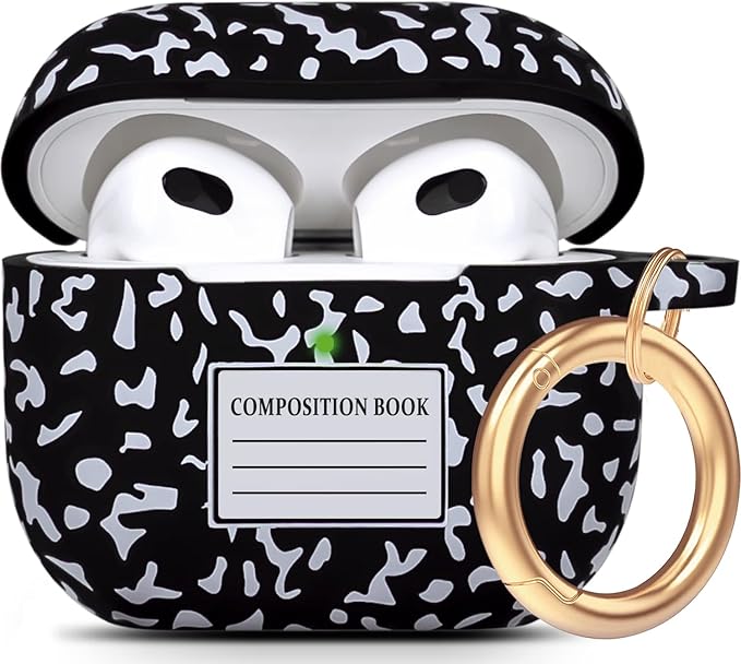 Silicone Compatible with AirPods 3 Case 2021 (Not Fit Pro), Gawnock Soft Case Compatible with AirPods 3rd Generation Floral Print Cover for Women Girls with Keychain (Composition Book Black)