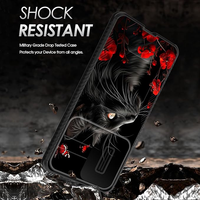 for Galaxy S25 Edge Case Built in Slide Camera Lens Cover,Heavy Duty Shockproof Protection Dual Layer Case for Samsung Galaxy S25 Edge 2025,Black Cat Flowers and Butterflies