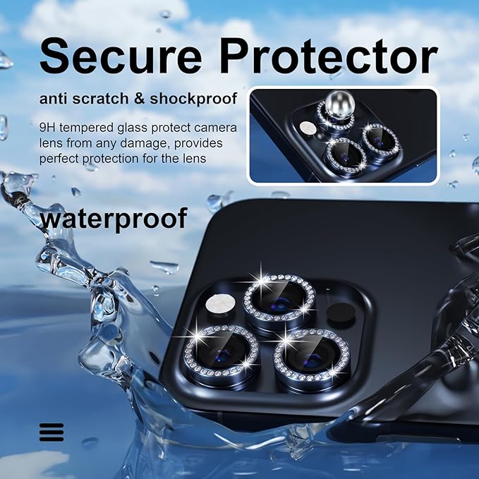 Misea Compatible for iPhone 15 Pro/iPhone 15 Pro Max Camera Lens Protector Bling, 9H Tempered Glass Camera Cover Screen Protector Metal Individual Ring Protector Decoration Accessories, Blue Diamond