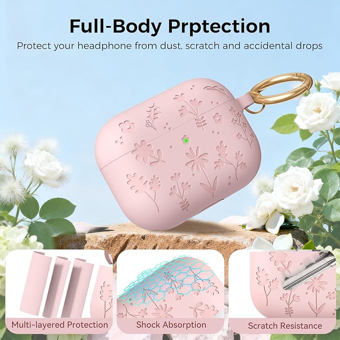 AhaStyle AirPods Pro 3 Case Cover (2025) Flower Engraved Cute Silicone AirPods Pro 3rd Generation Case Full Body Shockproof Cover Skin for Apple AirPods Pro 3rd Gen with Cleaning Kit for Women Girls