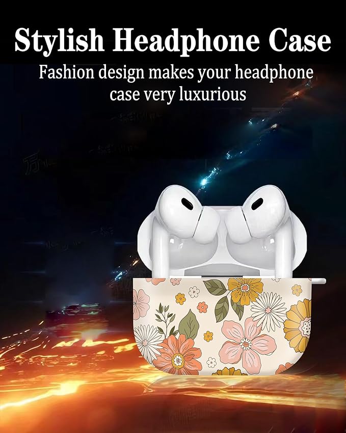 Cute Hard Case Compatible with AirPods Pro 2nd/1st Generation, Protective Cover with Golden Keychain, Fits 2023/2022/2019 Models, for Women, Girls, and Men(Groovy Retro Boho Flower