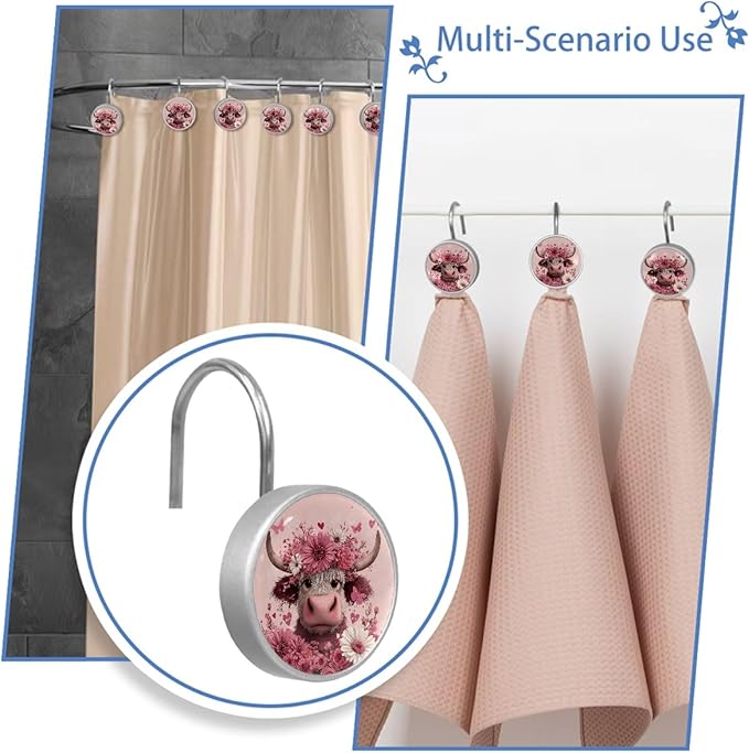 Highland Cows and Florals Rust Proof Shower Curtain Hooks 12Pcs for Bathroom Shower Rod, Decorative Shower Hooks Shower Curtain Hanger Rings Roller, Glass, Resin, Stainless Steel