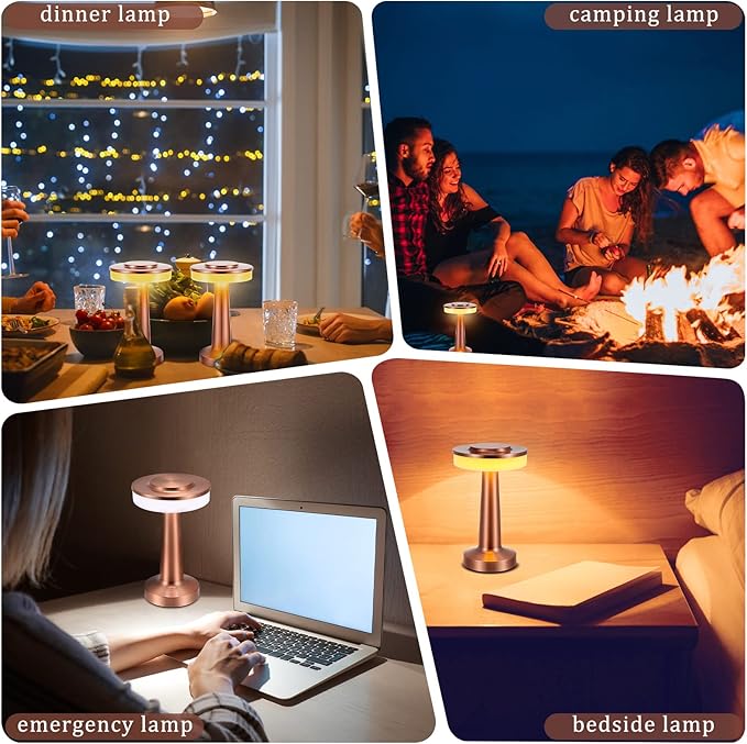 VIHOSE 8 Pcs Cordless Table Lamps LED Portable Rechargeable Table Lamp with Touch Sensor 3 Color Dimming up to 15 Hours Battery Desk Light for Restaurant Nursery Living Room (Rose Gold)