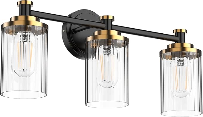 Bathroom Lighting Fixtures Black and Gold Bathroom Vanity Light with Cylindrical Clear Stripes Glass Lampshade E26 Socket Base Bathroom Lighting Fixtures Over Mirror (3 Lights)