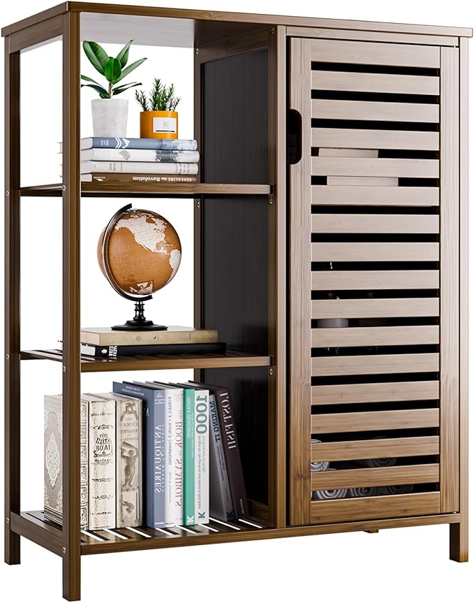 HITNET Bathroom Storage Cabinet Bamboo, Free Standing Floor Cabinet, Kitchen Cupboard Side Storage Organizer with Shutter Door and 3 Side Shelves, Walnut