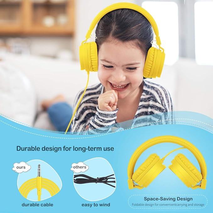 gorsun Kids Headphones, Lightweight Stereo Wired Toddler Headphones, Adjustable Headband Children's Headset for Smartphones Computer Pad Earphones(Yellow)