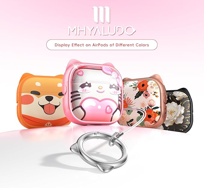 for AirPods 4 Case with Cleaning Kit, Cute Cat Ear Print Design & Cute Buckle, Inverted Phone Holder Design, Top Safe Lock Buckle Design, for Girls AirPods 4 case 2024, Pink Cat