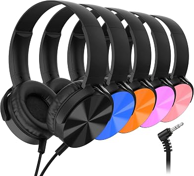 Cofano Kids Headphones Bulk 5 Pack, Durable Wired School Headphones for K-12 Classroom, Foldable Student Headphones for Library, Online Listening, Tablet, 3.5mm Jack, Multicolor