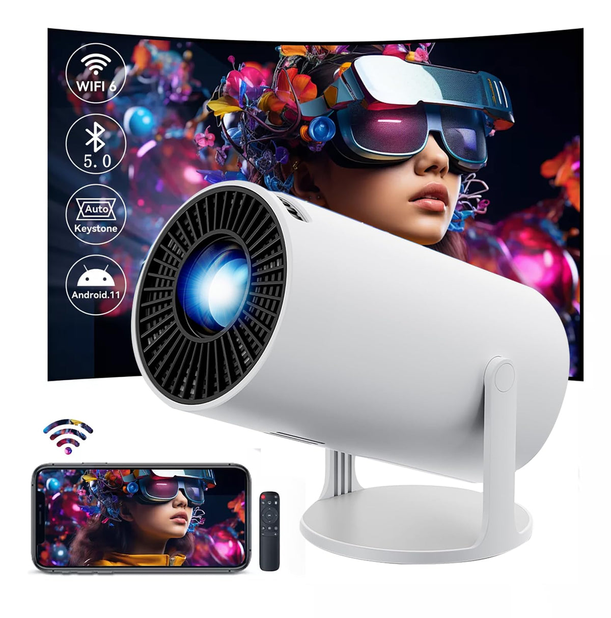HY300 Projector with WIFI6 & Bluetooth, Supports 4K/1080P, Android TV 11.0, Mini Portable 180° Rotatable, Auto Keystone, for Laptop/PC/Smartphone