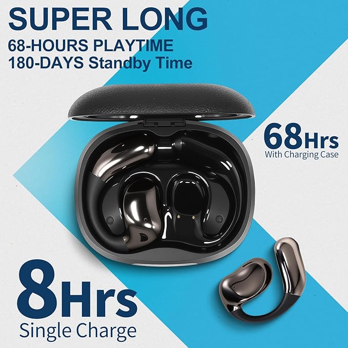 Open Ear Earphones with Touchscreen, Bone Conduction Wireless Earbuds Bluetooth 5.4, 68H Playtime with Charging Case, Over Headphones with Silicone Ear Hooks, for Outdoors Fitness Sport (Black)