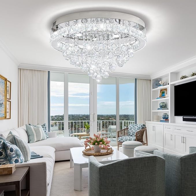 Dia 24" Modern Crystal Chandeliers for Dining Room,Silver Raindrop Chandelier Flush Mount Chandeliers for Living Room Bedrooms Dining Room Dimmable 2700k 4500k 6000k