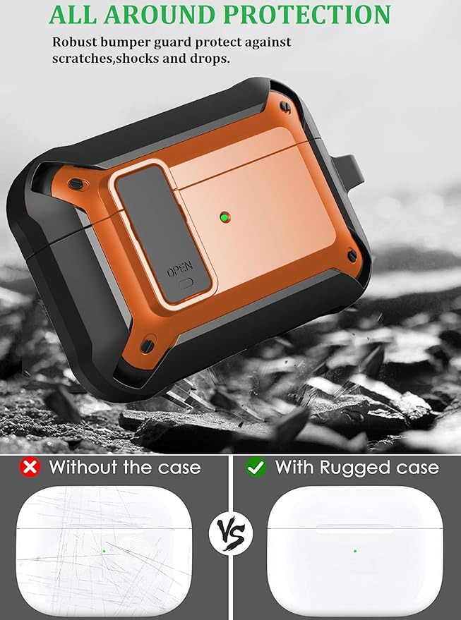 for Airpods Pro 3 Case with Magnetic Automatic Lock, Rugged Apple Airpods Pro 3rd Generation Cover 2025, Armor Shockproof iPod Pro3 Gen Protective Shell with Carabiner&Cleaner kit, Black/Orange