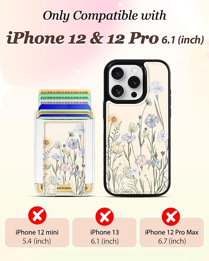 Shorogyt for iPhone 12/12 Pro Wallet Case - Fits 5 Cards, Compatible with Magsafe Magnetic Credit Card Holder Leather Cardholder Cute Phone Cover Women Girls for Apple 12/12Pro, Color Flower