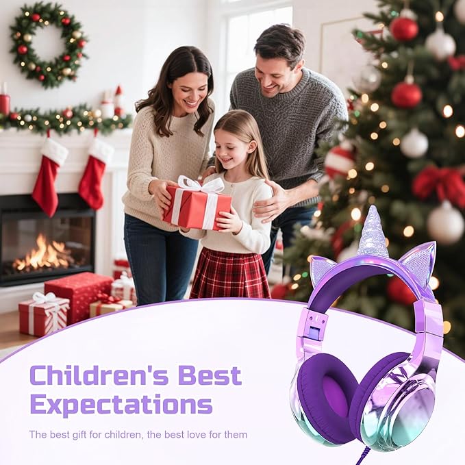 QearFun Kids Unicorn Headphones Wired with Mic, 85/94dB Safe Volume Limit, Sparkly Wired Headset, Foldable, Sharing Port & Tangle-Free Cord for School, Chromebook, Tablet, Travel, Boys & Girls