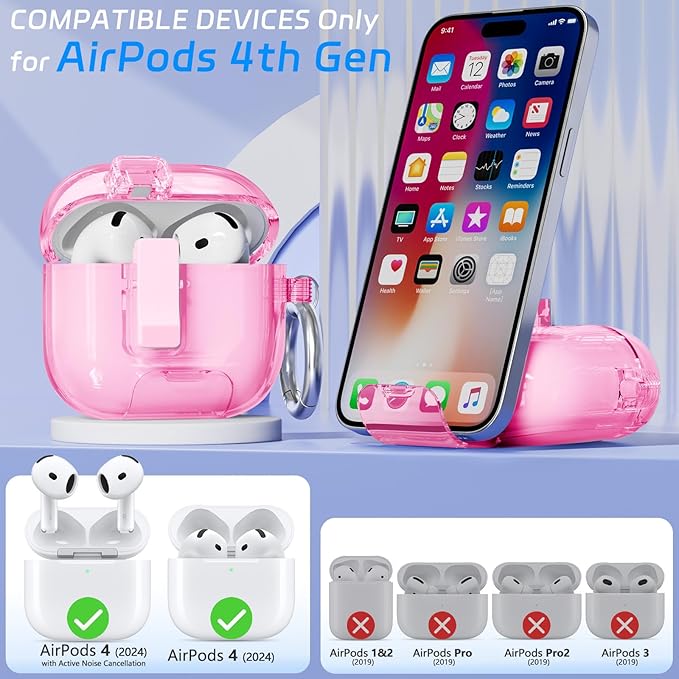 for AirPods 4 Case with Phone Stand & Safety Lock, Auto-Open Clear AirPod Case Compatible with Apple AirPods 4th Gen 2024, Anti-Scratch & Shockproof Protective Cover with Cleaning Kit & Keychain