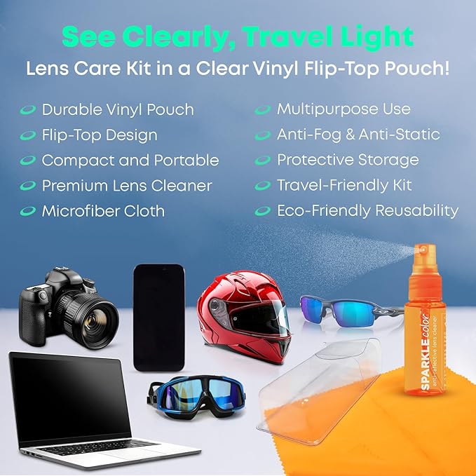 Vinyl Flip-Top Pouch Eyeglass Lens Cleaner Spray Kit with (4) 1oz Glasses Cleaner Bottle + (4) Microfiber Cloth for Eyeglasses, Sunglasses, Screens and Camera Cleaning Kit (Assorted Colors)