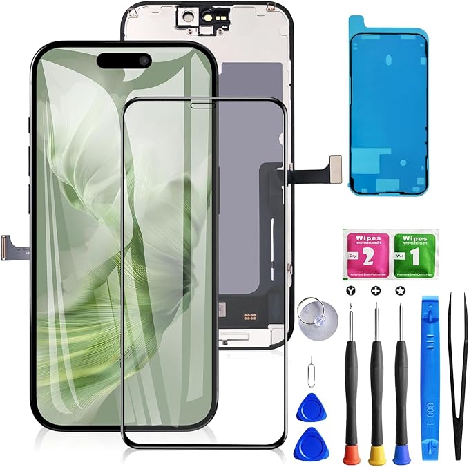 for iPhone 15 Pro Screen Replacement Black 6.1 Inch, LCD Touch Digitizer Complete Display for A2848, A3101, A3102, A3104,with Waterproof Seal+Tempered Glass+Repair Tools