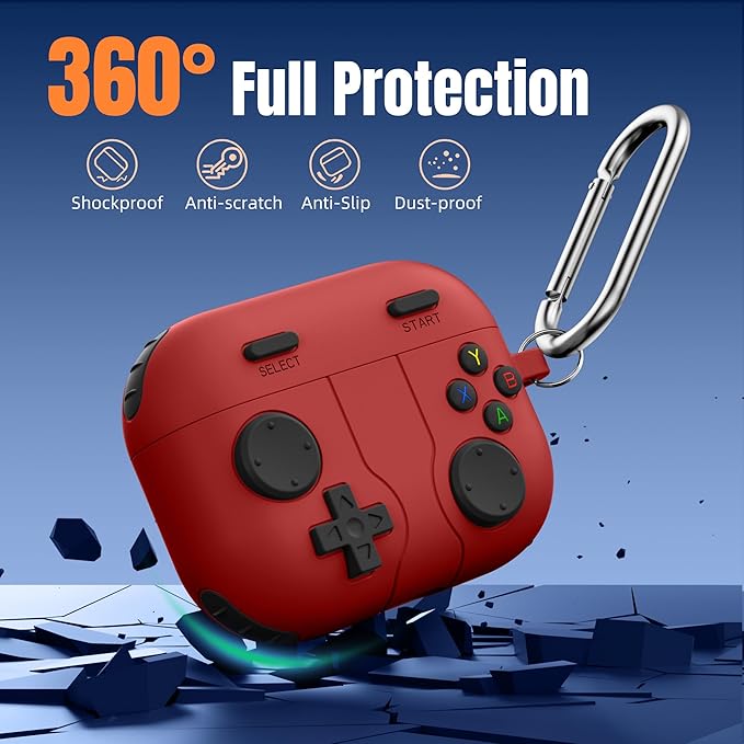 Getino Game Case for AirPods Pro 3 Case 2025, Shockproof Silicone Cover for Apple AirPods Pro 3 – with Cleaner Kit & Keychain, Classic Cool Funny Durable Protective Case for Men Boy–Red