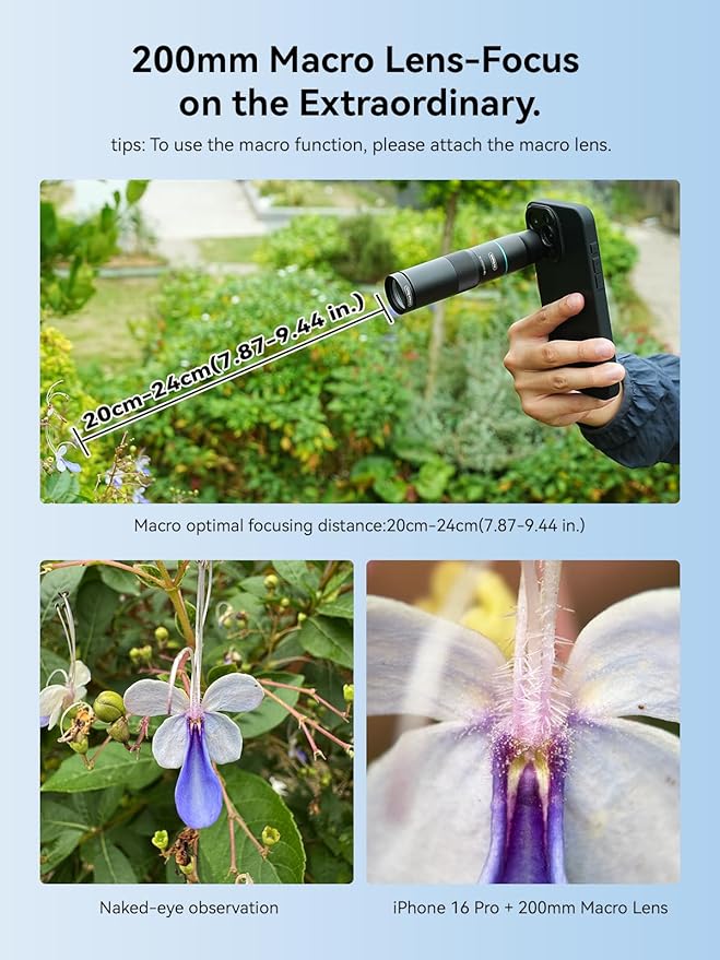 MIAO LAB HD 10X Telephoto Lens & 200mm Macro Lens, 2-in-1 Aluminum Phone Camera Lens Kit with 17mm Lens Thread Interface Mobile Phone case. Phone Lens Attachment Fit for iPhone 16 Pro