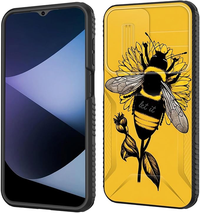 for Galaxy A15 5G Case Built in Slide Camera Lens Cover,Heavy Duty Shockproof Protection Dual Layer Case for Samsung Galaxy A15 5G 6.5 inch 2024,Honeybee Flower