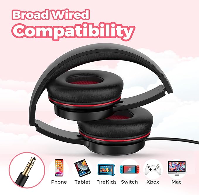 TuneFlux Upgraded Kids Headphones, Wired Toddler Headsets, 85dB Limited Volume On Ear Headphones, Portable Foldable Design, Stereo Sound Kids Headsets for School/Tablet/Travel-Black Red