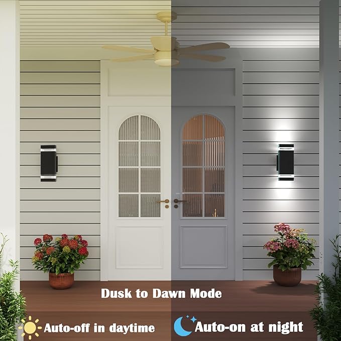 Motion Sensor Outdoor Wall Lights, Dusk to Dawn Exterior Light Fixtures with 3 Modes, Modern Up Down Wall Sconce, Waterproof Aluminum Porch Light for Garage, Patio, Front Door – Matte Black