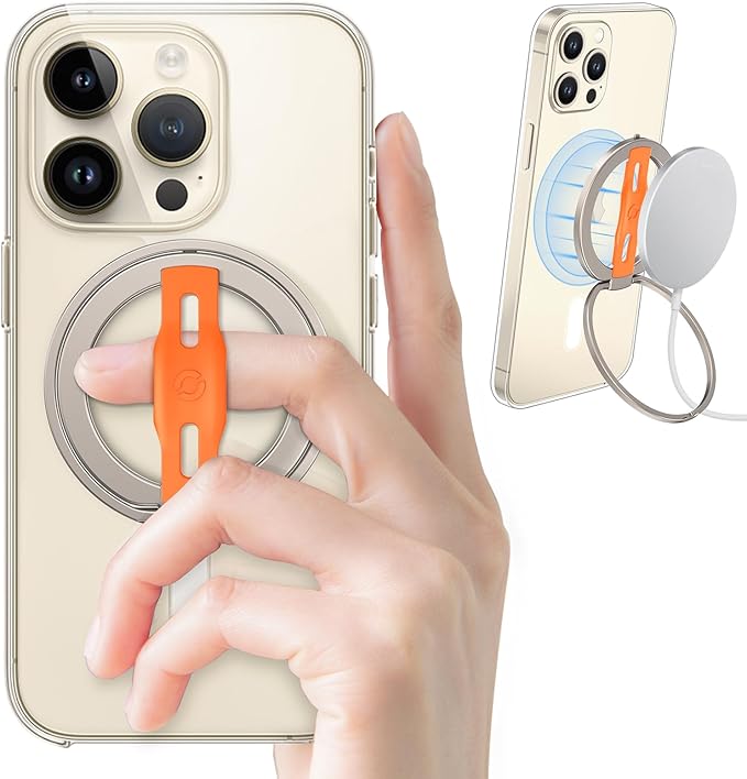 EWA MagOne 2nd Gen [Compatible with MagSafe] Phone Grip Stand with Replaceable Silicone Finger Strap, Magnetic Ring Holder Kickstand Loop, for iPhone 16,15,14,13Pro/ Max/Plus-(Champagne-Gold)