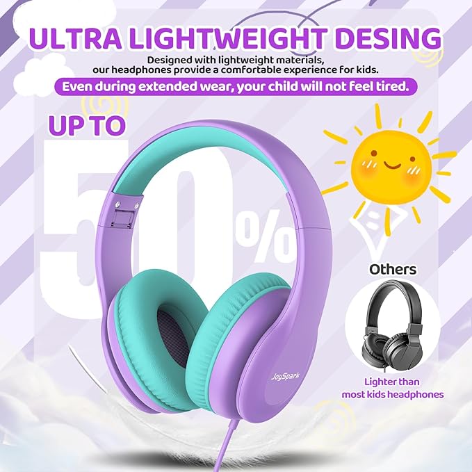 Wired Headphones for Kids, 85dB Volume Limit, 3.5mm Kids Headphones with Cord, Adjustable, Stereo Sound Foldable Toddler headsets for School-Purple