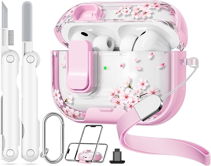 with Safety Lock for AirPods Pro 3 Case 2025,Clear Floral Cute Airpods Pro 3rd Generation Case with Phone Stand & Cleaner Kit for Apple AirPods Pro 3 for Women Girly-Cherry Blossom
