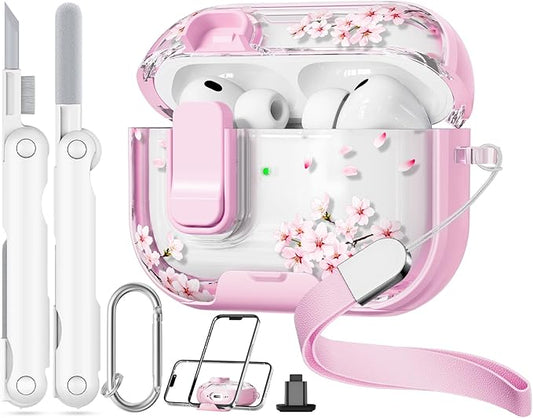 with Safety Lock for AirPods Pro 3 Case 2025,Clear Floral Cute Airpods Pro 3rd Generation Case with Phone Stand & Cleaner Kit for Apple AirPods Pro 3 for Women Girly-Cherry Blossom
