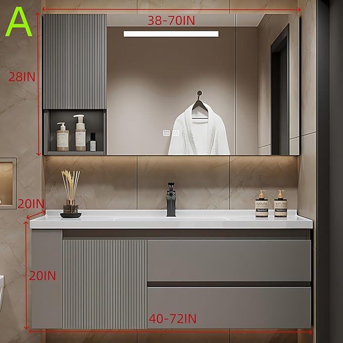 56IN Suspended Bathroom Cabinet Combo Set - Fully Functional LED Mirror with Smart Defogging & Time Display | Bathroom Vanity with Sink,Side Cabinet Storage Compartment (Style A)