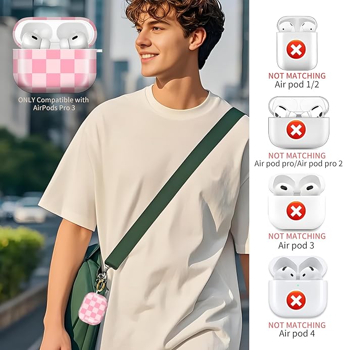 Compatible with AirPods Pro 3rd Generation 2025 Case Cover with Gold Keychain - Cute Protective Hard AirPod Pro 3 Cases for Women - Beige Pink Checkered