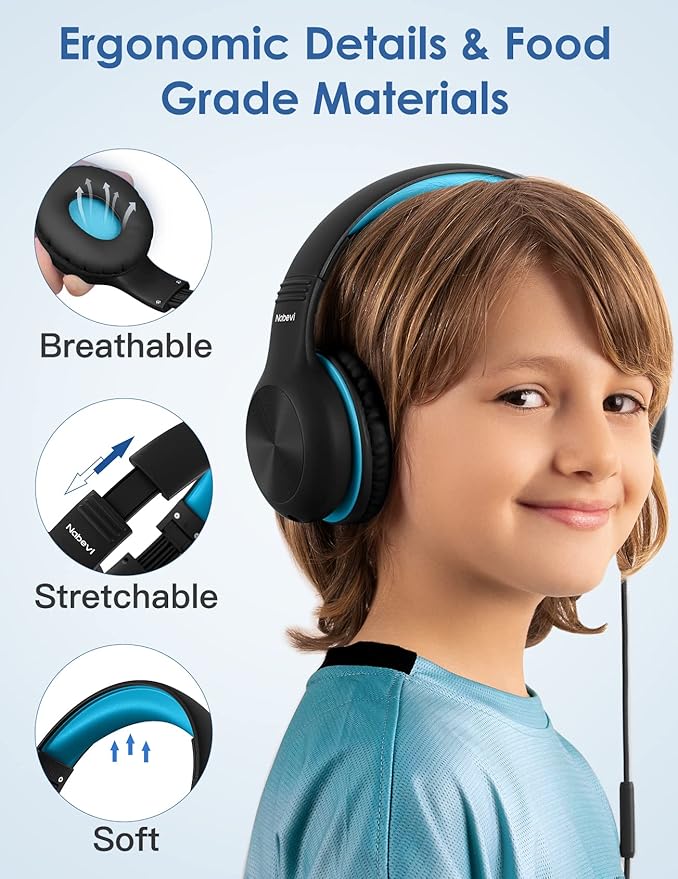 BH100 Headphones for Kids, Over Ear, Wired, Hearing Protection, 85/94 dB Adjustable Volume Limit, Sharing Function, Microphone, Lightweight, Comfortable, [Sky Blue]