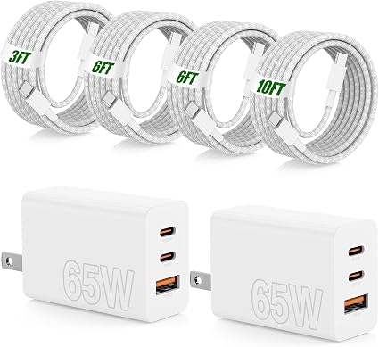 65W Fast Charging for iPhone Duo 18 17 16 Pro Max,3 Port 100W USB C Charger Block & 60W 3/6/6/10FT Braided Type C Cord for iPhone 17 16 15 Pro/MacBook Air/iPhone 18 Pro/for Samsung S26 Ultra