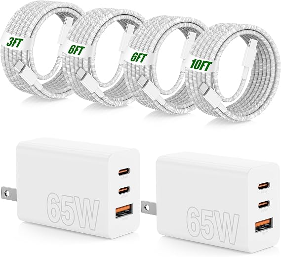 65W Fast Charging for iPhone Duo 18 17 16 Pro Max,3 Port 100W USB C Charger Block & 60W 3/6/6/10FT Braided Type C Cord for iPhone 17 16 15 Pro/MacBook Air/iPhone 18 Pro/for Samsung S26 Ultra