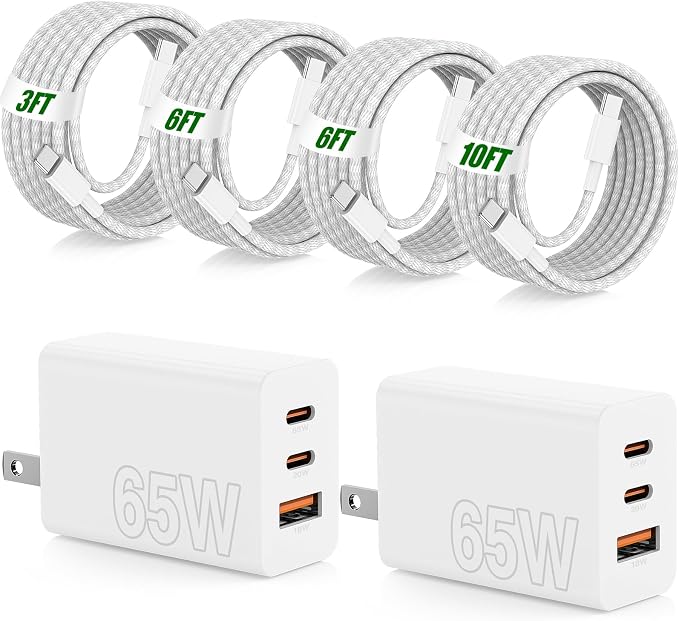 65W Fast Charging for iPhone Duo 18 17 16 Pro Max,3 Port 100W USB C Charger Block & 60W 3/6/6/10FT Braided Type C Cord for iPhone 17 16 15 Pro/MacBook Air/iPhone 18 Pro/for Samsung S26 Ultra
