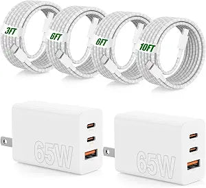 65W Fast Charging for iPhone Duo 18 17 16 Pro Max,3 Port 100W USB C Charger Block & 60W 3/6/6/10FT Braided Type C Cord for iPhone 17 16 15 Pro/MacBook Air/iPhone 18 Pro/for Samsung S26 Ultra