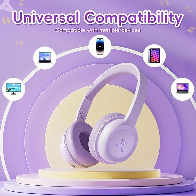 Kids Bluetooth Headphones,Kids Headphones Wireless with 85dB Volume Limiter, 30H Playtime, Adjustable Headband,Over-Ear Headphone for Kid School Online Class Travel(Purple)