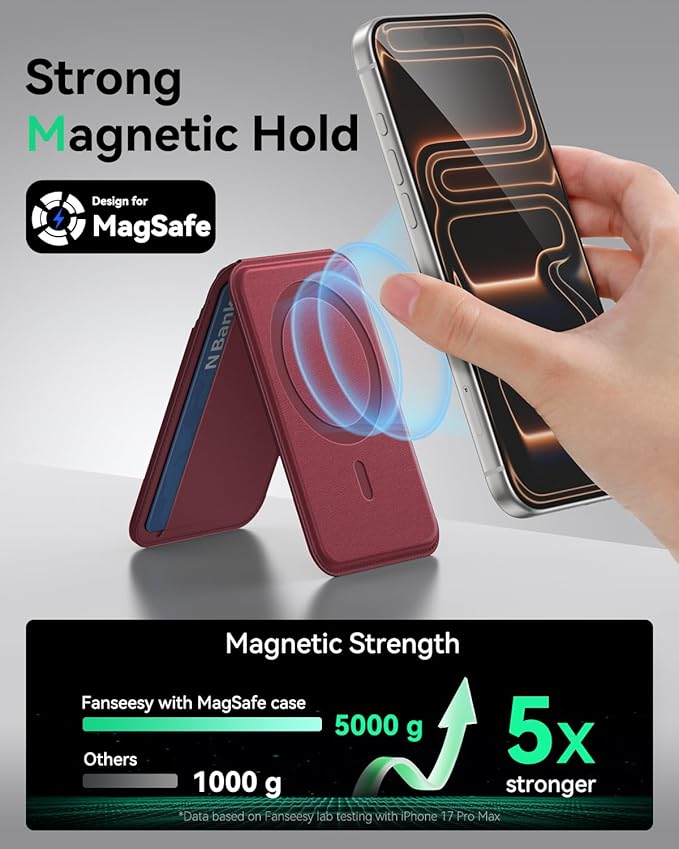 for MagSafe Wallet with Stand, 5 Card Holder, Slim Leather Magnetic Wallet for iPhone 17/16/15/14/13/12 Pro Max Plus Air Series, 3 Card Slots & 1 Cash Slot,WineRed