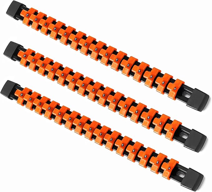 ALOANES 3PC ABS Socket Organizer, Socket Rails Fit 3/8 inch Drive, Heavy Duty Socket Holders Hold up to 45 Sockets, With Black Rails and Orange Clips