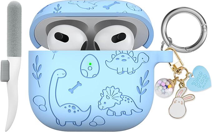 Maxjoy for AirPods 4 Case, Engraved Silicone Cute AirPod 4 Case for Women Men Protective iPod 4 Cover with Keychain Cleaning Kit for AirPod 4th Generation Cover 2024, Blue Dinosaur