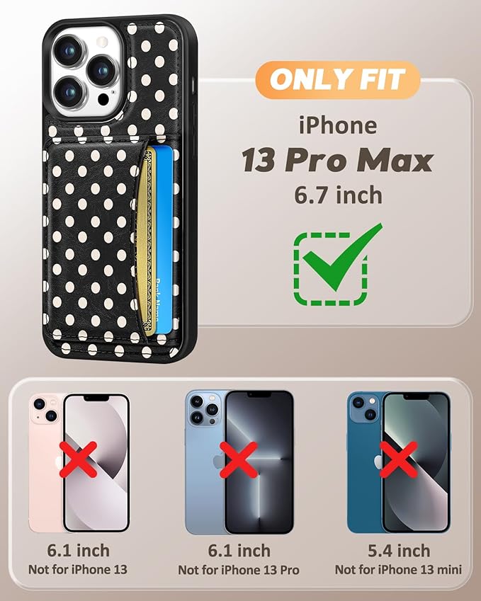 for iPhone 13 Pro Max Case with Wallet - Fits 4 Card Slots, Compatible with MagSafe for Women Aesthetic PU Leather Credit Card Holder Kickstand Phone Cover for Apple 13 Promax, Black Polka