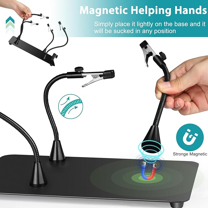Helping Hands Soldering Station, 10X Magnifying Glass with Light and stand with 4 Magnetic Third Hand Soldering Tool, PCB Holder Magnifier Desk Lamp for Soldering Repairing Jewelry Crafts